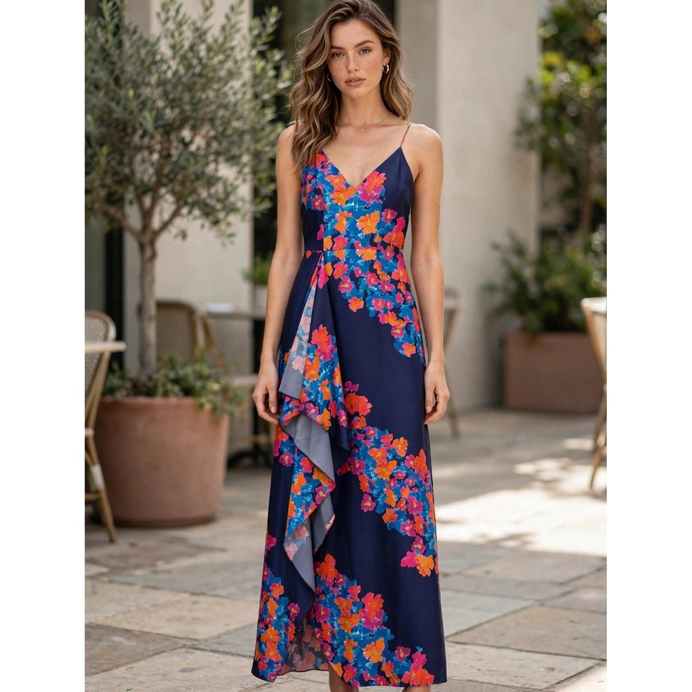 Tanya Taylor Silk Floral Ruffle Maxi Dress Navy Blue Orange Pink Size 0
